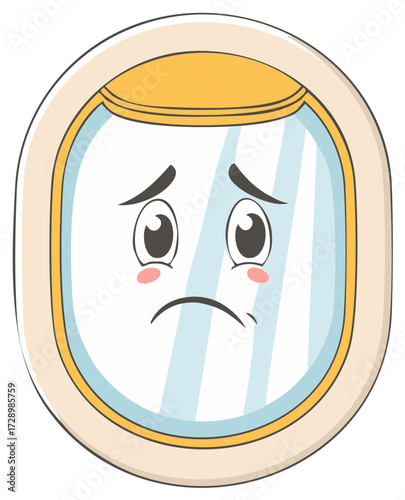Cartoon mirror reflecting sad expression emotion. Facial animation object concept.