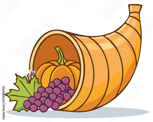 Autumn cornucopia filled with pumpkin, grapes, and maple leaf for Thanksgiving harvest