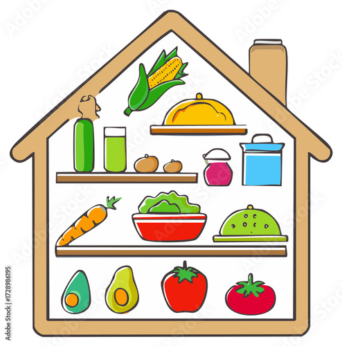 Illustration of a pantry stocked with fresh, healthy fruits and vegetables.