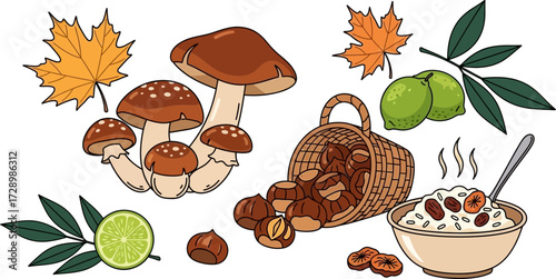 Autumn Forest Snacks and Warm Mushroom Soup with Leaves and Lime