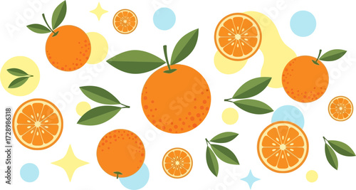 Bright and Playful Digital Illustration of Vibrant Citrus Fruits with Green Leaves on Black