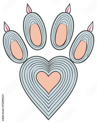 Stylized animal paw print with a heart shape main pad and claws. Vector graphic for pet lovers and animal care.