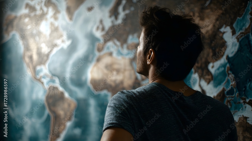 Obraz premium A man seen from behind looks thoughtfully at a detailed world map on a wall contemplating future travel and global explo n