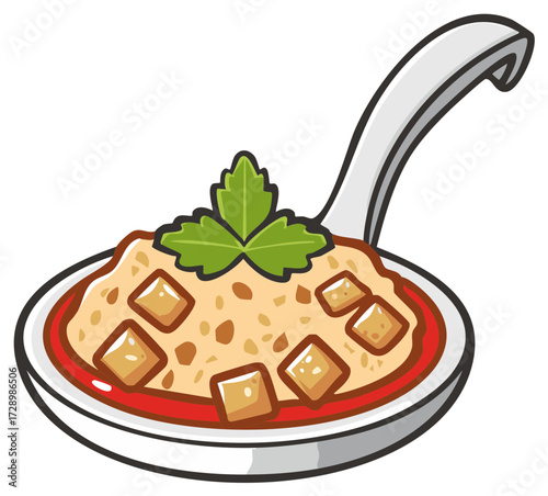 Cartoon vector illustration of a spoonful of savory textured food with crispy toppings and fresh herb garnish