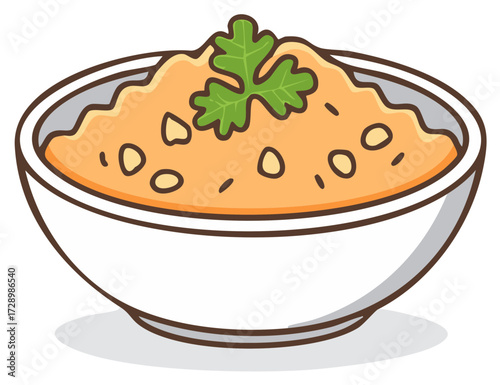 Cartoon Bowl of Orange Dip or Hummus Garnished with a Sprig of Cilantro