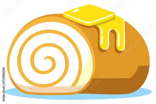 Appetizing cartoon swiss roll with creamy swirl and melting yellow butter vector illustration