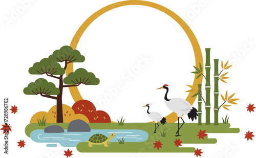Serene Japanese-inspired landscape featuring cranes, bamboo, and a tranquil pond scene