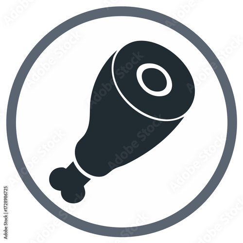 Simple dark grey icon of a meat leg in a circle emblem graphic design