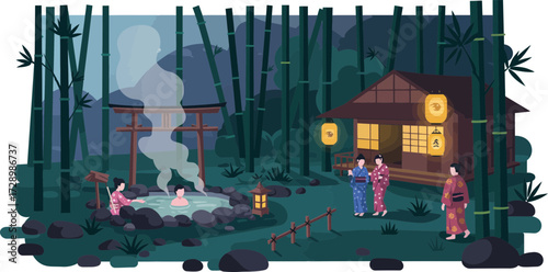 Serene night scene at traditional Japanese hot spring with visitors and bamboo forest