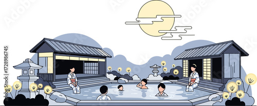 Serene traditional Japanese hot spring outdoor bath scene under moonlit sky with relaxed bathers