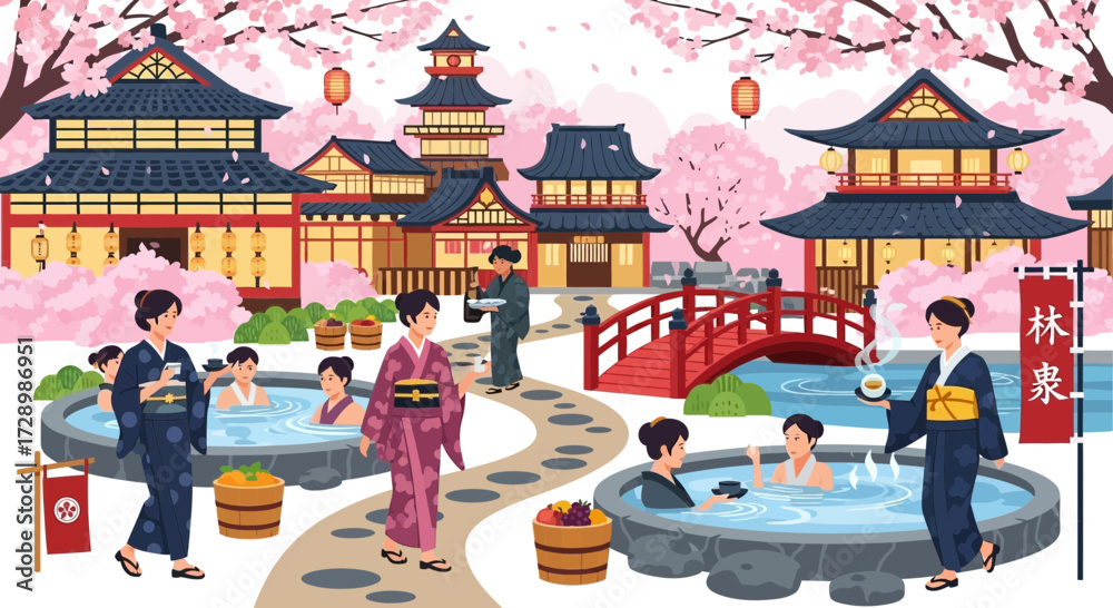 Naklejka premium Traditional Japanese Hot Spring Scene with Cherry Blossom Trees and Elegant Architecture