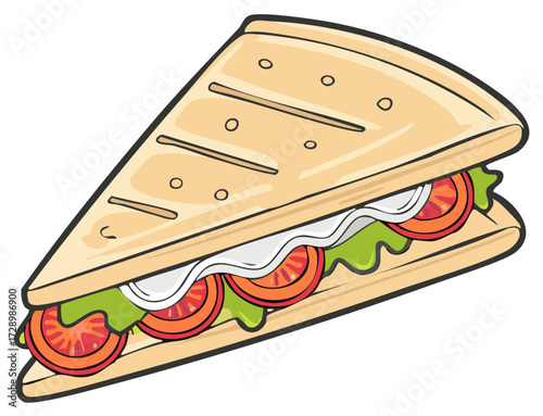Triangle Sandwich With Tomato, Lettuce, Onion,  and Cheese Illustration