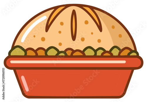 Stylized Illustration of a Savory Pie in a Red Baking Dish with Pastry Crust Topping