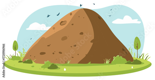 Cartoon Landscape Illustration with Hill Trees and Birds in Sky