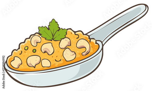 Creamy Mushroom Soup with Peas and Parsley Served on a Large Spoon, Culinary Art