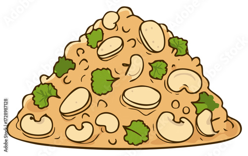 Cartoon illustration of a savory cashew nut rice dish garnished with fresh herbs
