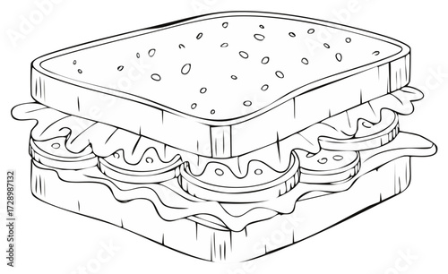 Simple line art illustration of a tasty toasted sandwich for coloring