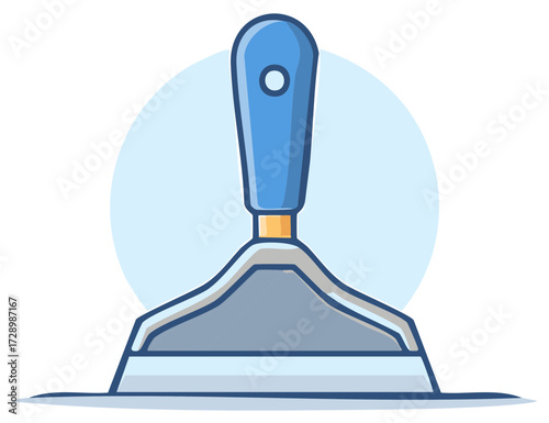 Flat blue and gray trowel tool with yellow accent on a light blue circle background