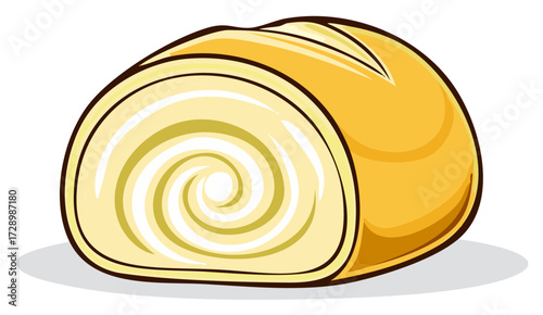 A cross-section illustration of a golden swiss roll cake with a creamy spiral vanilla filling inside