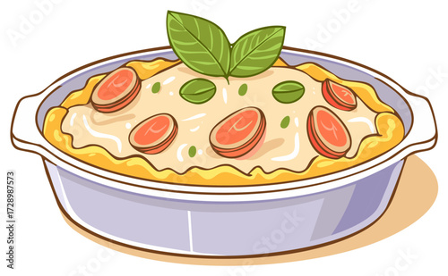 Cartoon Illustration of a Baked Pasta Dish Topped with Sliced Sausage and Fresh Basil Leaves in Casserole Pan