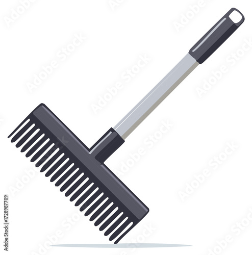 Modern garden rake with dark grey plastic tines and grey handle