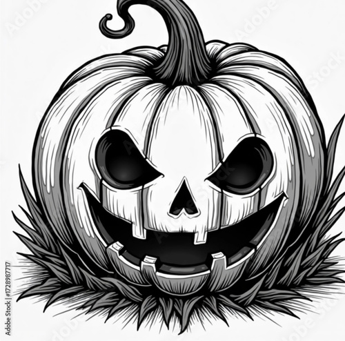 Spooky Halloween Pumpkin: A meticulously detailed illustration presents a grinning jack-o'-lantern with a sinister face, exuding the essence of Halloween mischief and spookiness.
