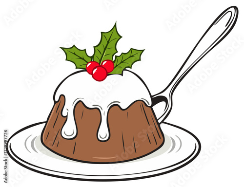Festive Christmas Pudding with Holly and Berries on Spoon and Plate