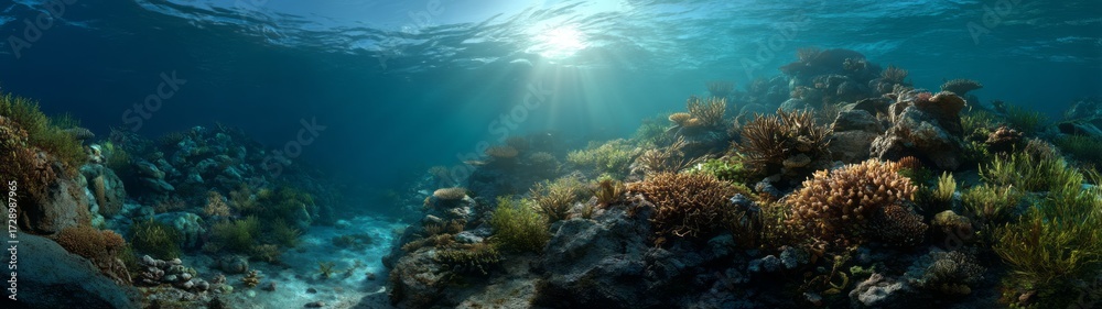 Fototapeta premium Underwater coral reef exploration ocean hdri panoramic environment map equirectangular view