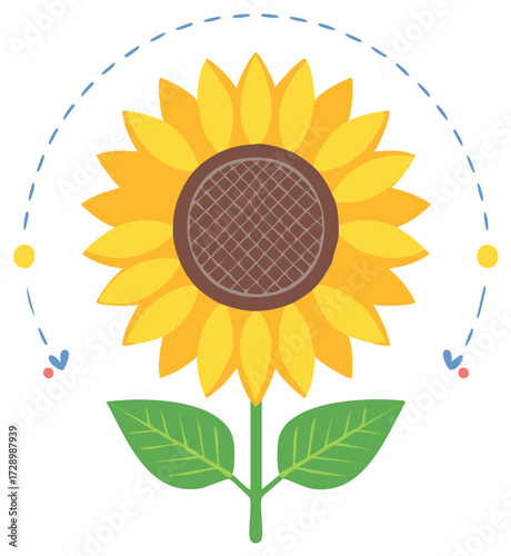 Vibrant stylized sunflower illustration with dotted arc and whimsical accents