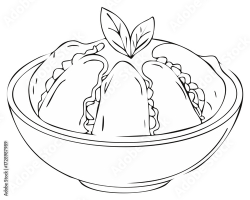 Black and white line art illustration of traditional dumplings served in a round bowl with herb garnish