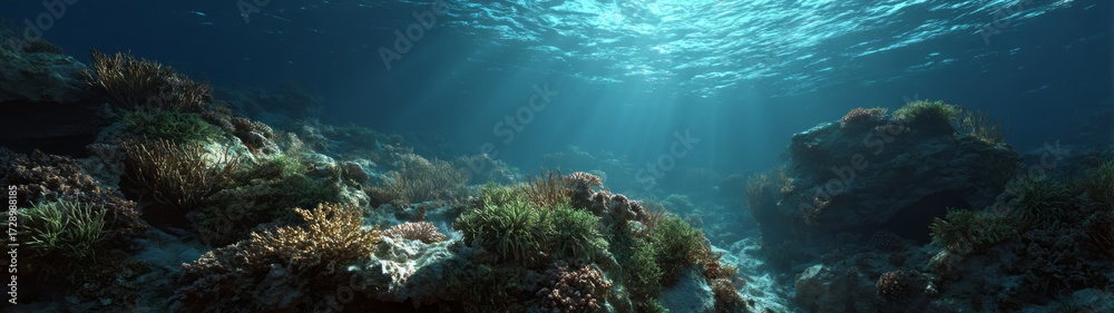 Fototapeta premium Underwater coral reef ecosystem hdri panoramic view tropical ocean equirectangular environment