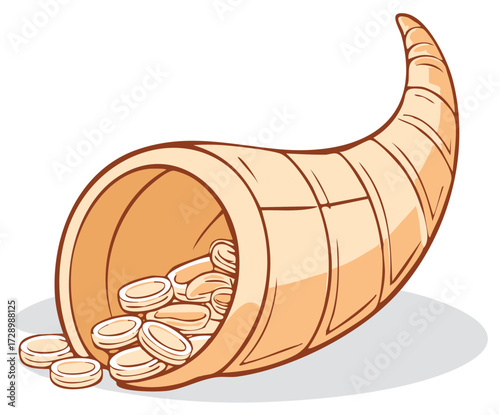 Cartoon cornucopia horn of plenty overflowing with gold coins symbolizing wealth and abundance