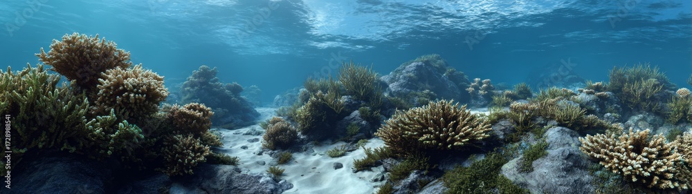 Fototapeta premium Underwater coral reef exploration hdri panoramic view equirectangular environment