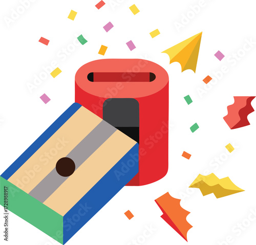 Vector Illustration of a Pencil Sharpener and Colorful Shavings Pile for Creative Projects