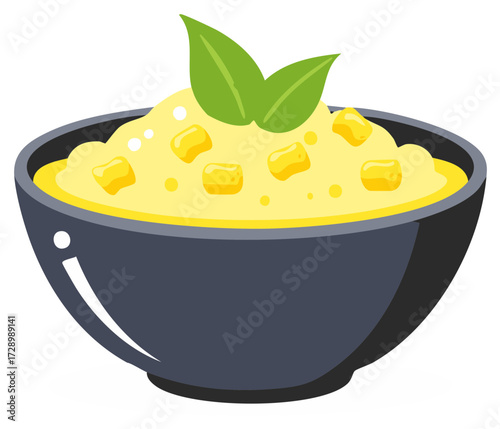 Creamy Corn Soup in Bowl Garnished with Fresh Green Leaves Food Presentation