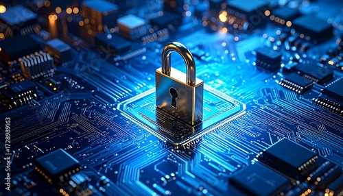 A glowing lock sits on a computer circuit board, emphasizing digital protection and security. The scene is close-up and bathed in blue light