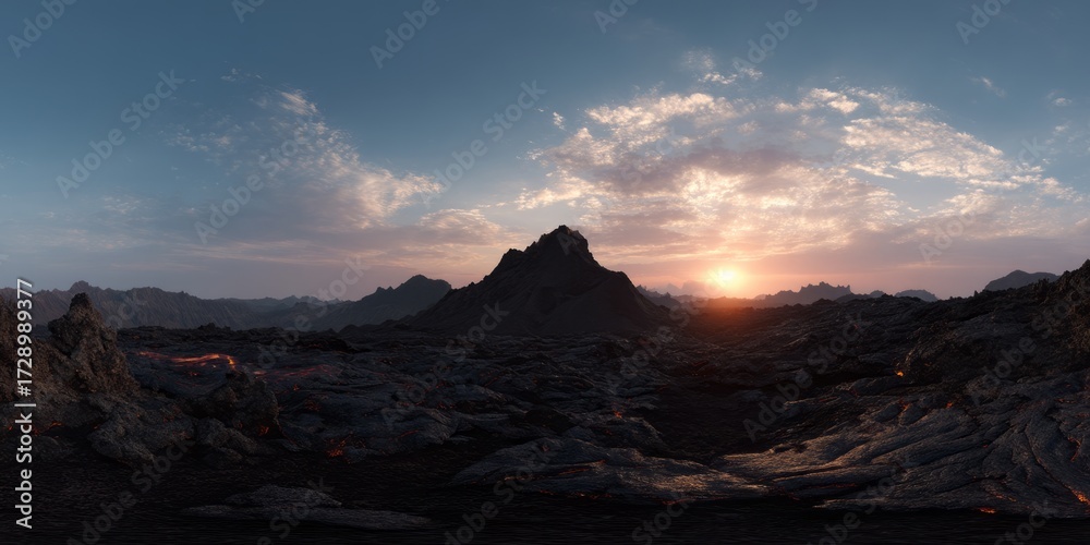 Naklejka premium Volcanic landscape at sunset equirectangular hdri panoramic environment