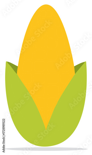 Stylized graphic illustration of an ear of corn on the cob with green husk