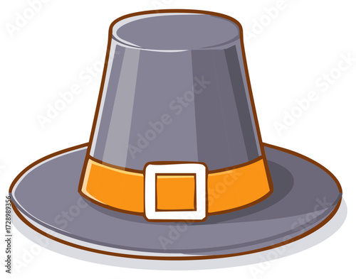 Pilgrim hat illustration. A grey hat with a brown brim and a gold band with a white buckle.