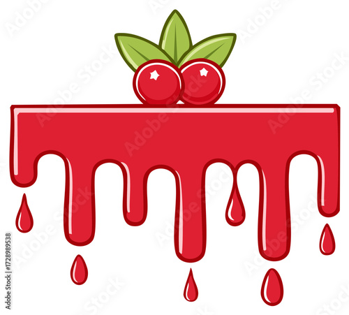 Festive Cranberry Sauce Dripping, Vector Illustration with Red Berries and Green Leaves