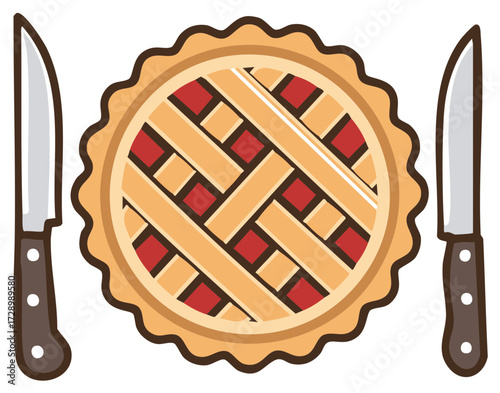 Delicious fruit pie with lattice crust design and two knives prepared for serving a sweet dessert