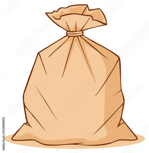 Simple cartoon illustration of a full brown paper sack or garbage bag tied at the top
