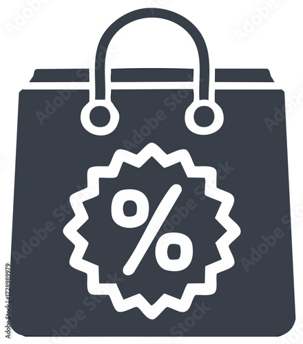 Discount shopping bag glyph icon with percent symbol for retail promotions and clearance sales