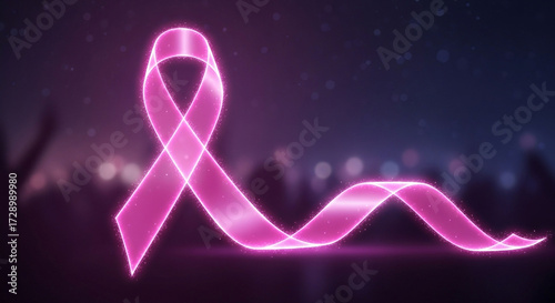 Glowing pink ribbon symbolizing breast cancer awareness and hope against a blurred background of a city at night