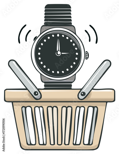 Shopping Basket Filled with a Wristwatch Symbolizing Time and Commerce