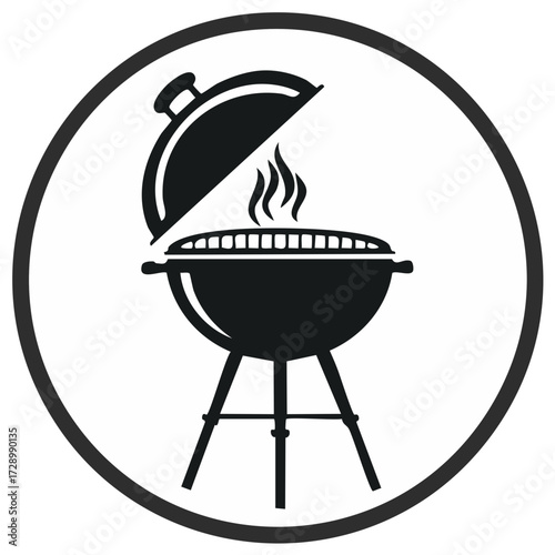 Iconic Barbecue Grill Silhouette with Rising Smoke in Circular Frame Emphasizing Summer Cooking