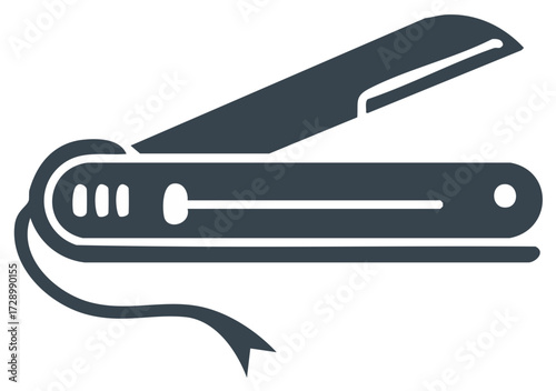 Pocket knife with a sharp blade open and a ribbon attached to the handle
