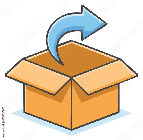 Open cardboard box with an arrow pointing out, symbolizing returns, shipping, or unboxing