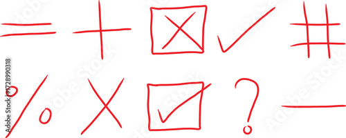 Collection Of Hand Drawn Doodle Math Elements - Add, Subtract, Multiply, Divide, Tick, Cross And Equal Is To