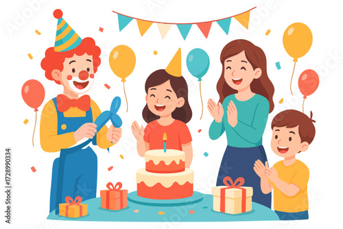  "Birthday party illustration with clown, children, cake, and balloons."